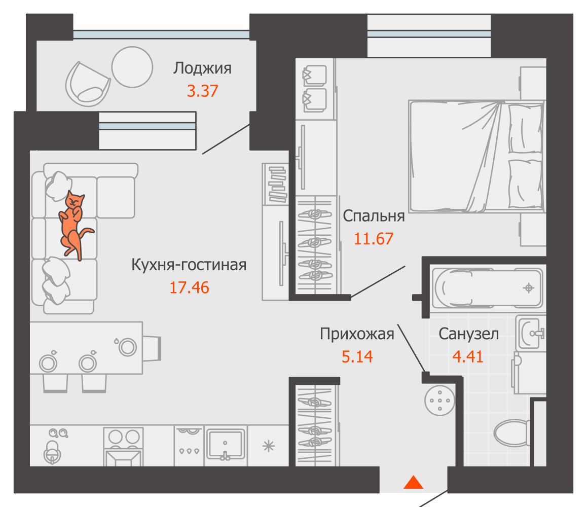 2-комнатная 40 м2 в ЖК ЖК Город Новаторов корпус null этаж 3
