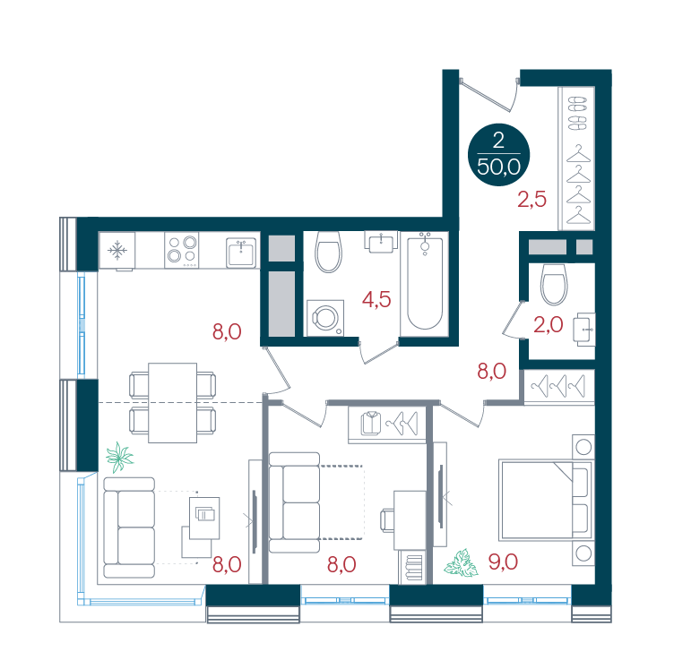 2-комнатная 50 м2 в ЖК Русич Кантемировский корпус null этаж 15