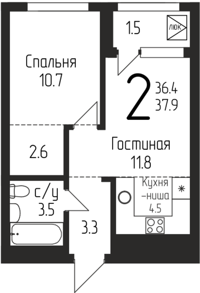 2-комнатная 38 м2 в ЖК undefined корпус null этаж 13