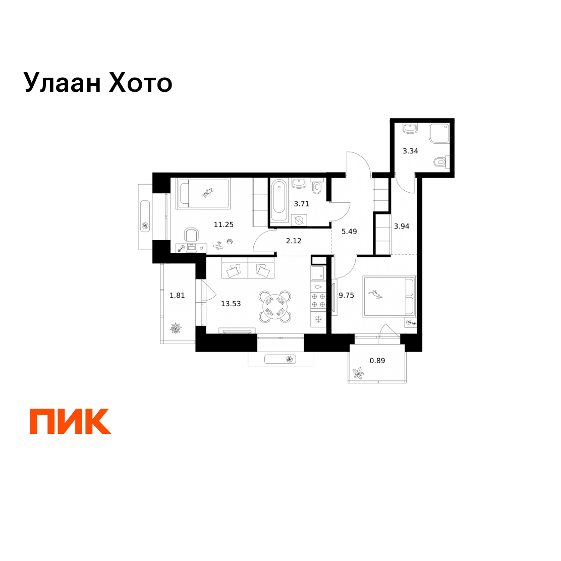 2-комнатная 55 м2 в ЖК Улаан Хото корпус null этаж 6