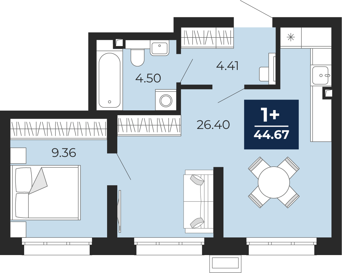 1-комнатная 44 м2 в ЖК Беринг корпус null этаж 1