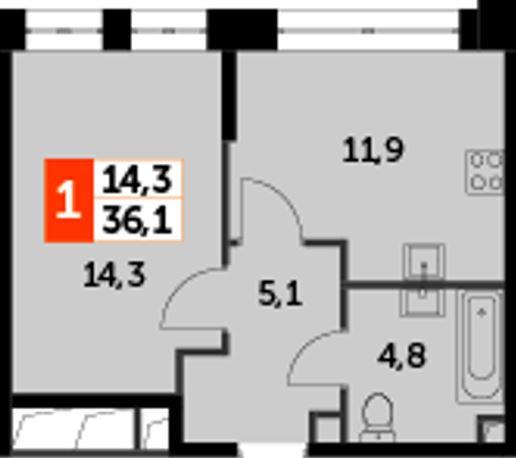 1-комнатная 36.1 м2 в ЖК undefined корпус null этаж 11