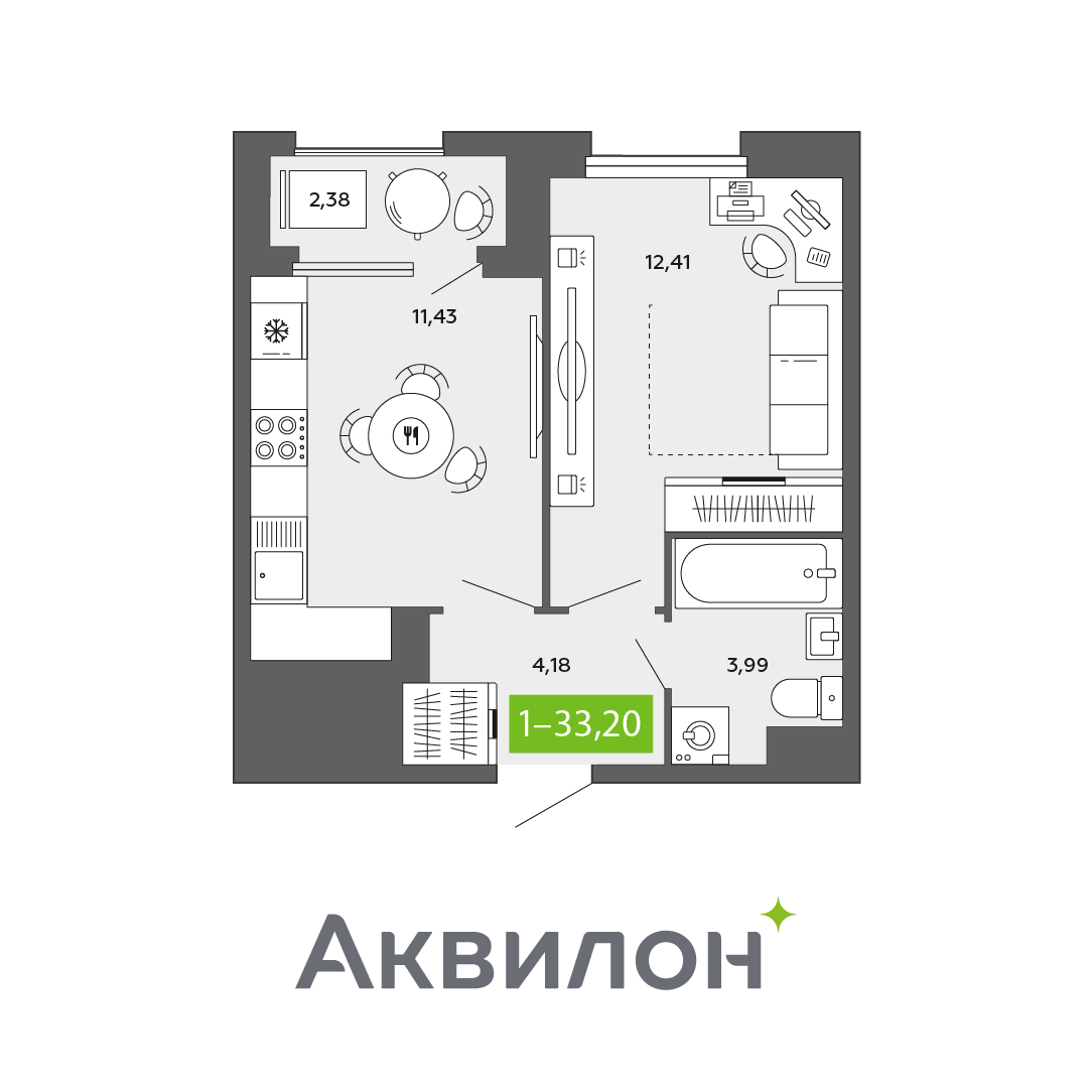 1-комнатная 33 м2 в ЖК Аквилон CITY Towers корпус null этаж 15