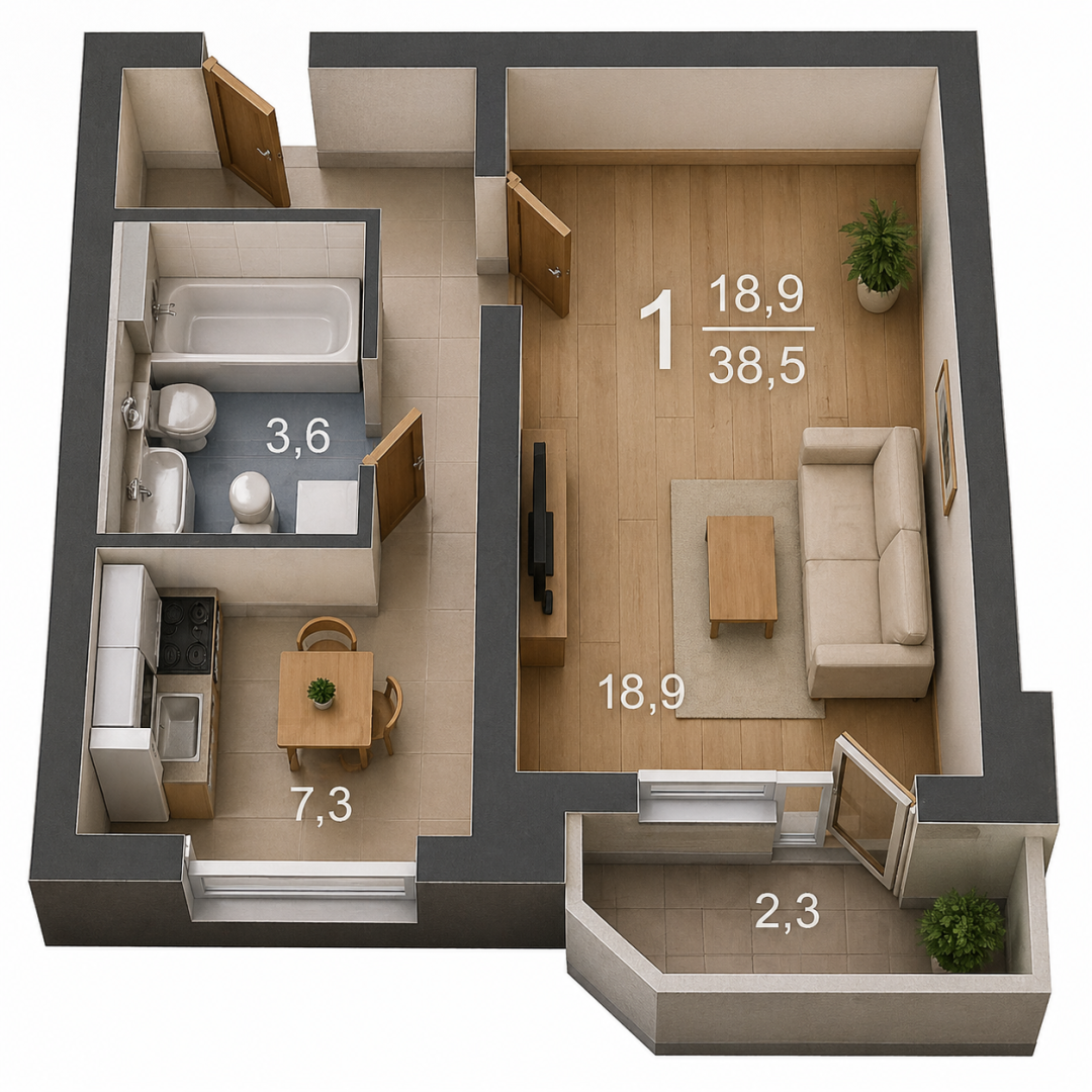 1-комнатная 38.4 м2 в ЖК undefined корпус null этаж 17