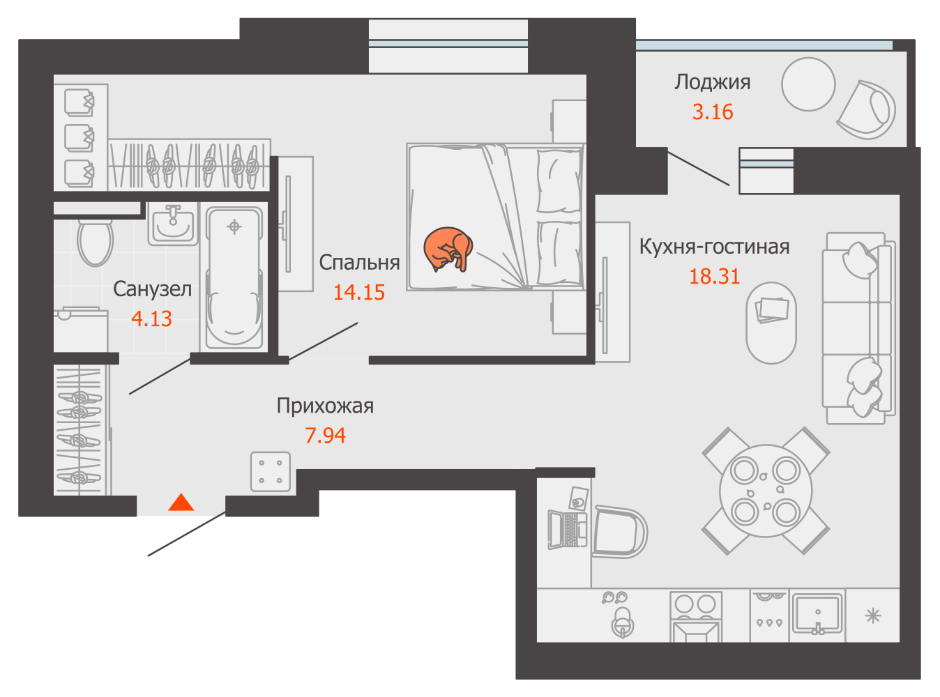 2-комнатная 46 м2 в ЖК ZNAK корпус null этаж 5
