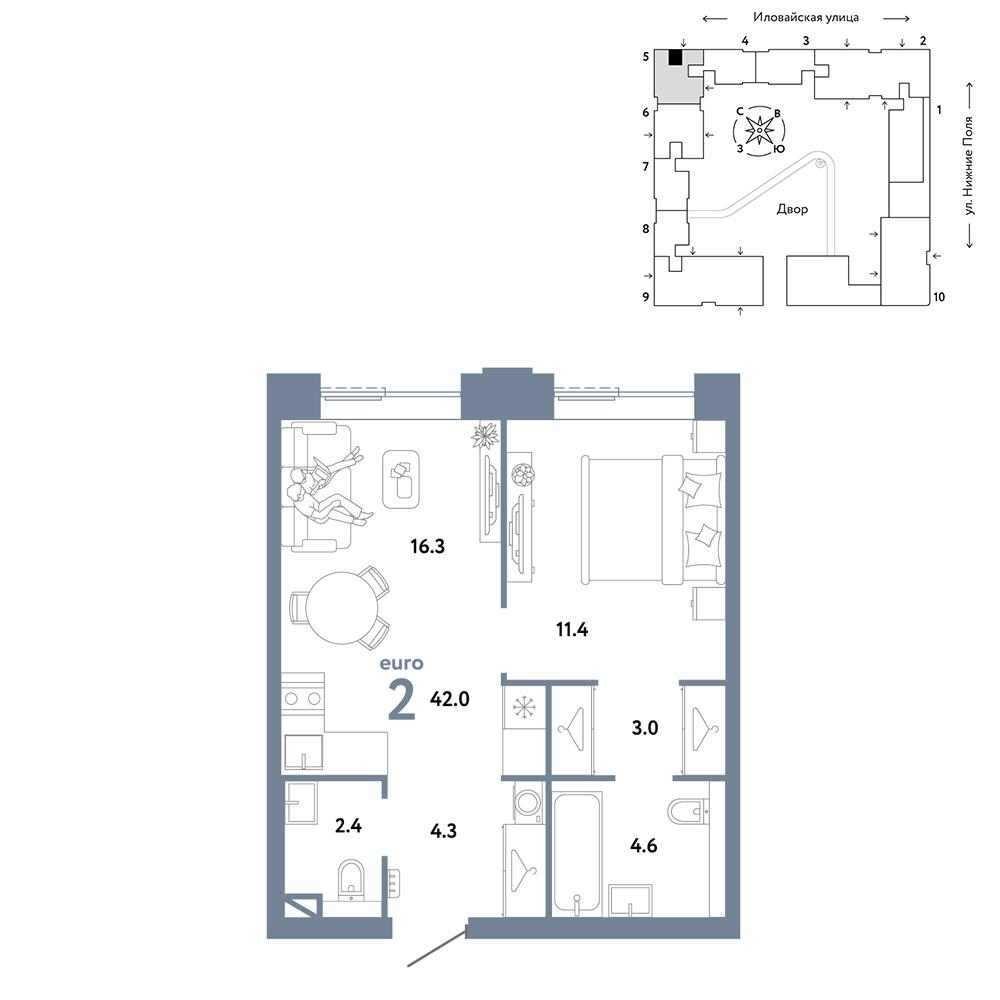2-комнатная 42 м2 в ЖК Страна.Заречная корпус null этаж 3