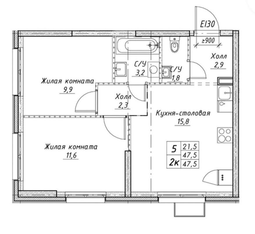2-комнатная 47 м2 в ЖК undefined корпус null этаж 8