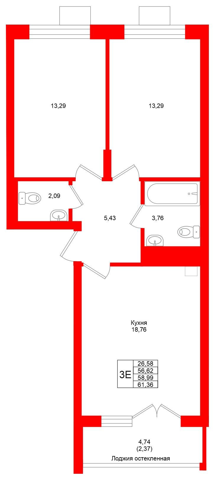 2-комнатная 58 м2 в ЖК Lake City-4 корпус null этаж 6