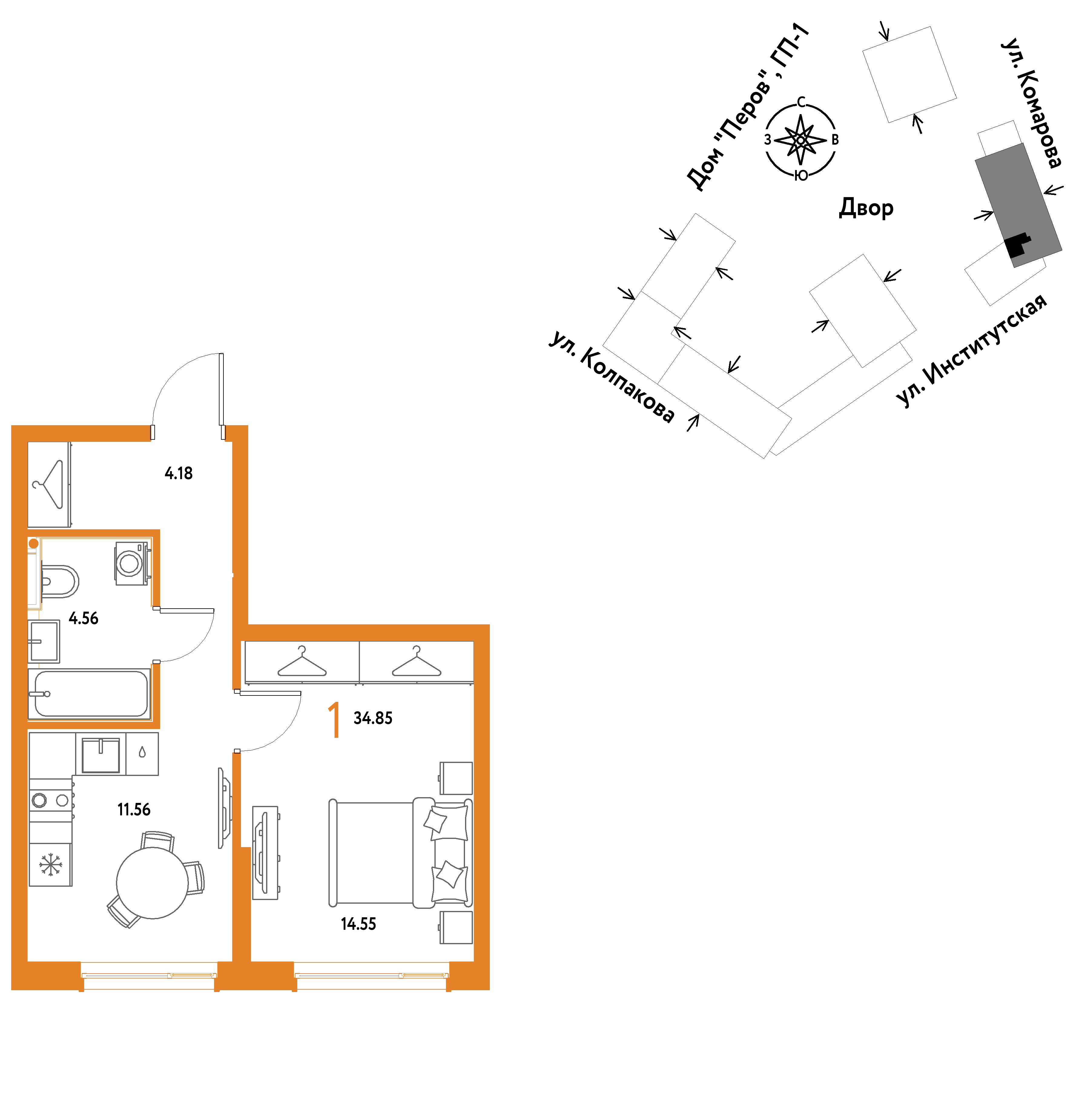 1-комнатная 34 м2 в ЖК Страна.Парковая корпус null этаж 10