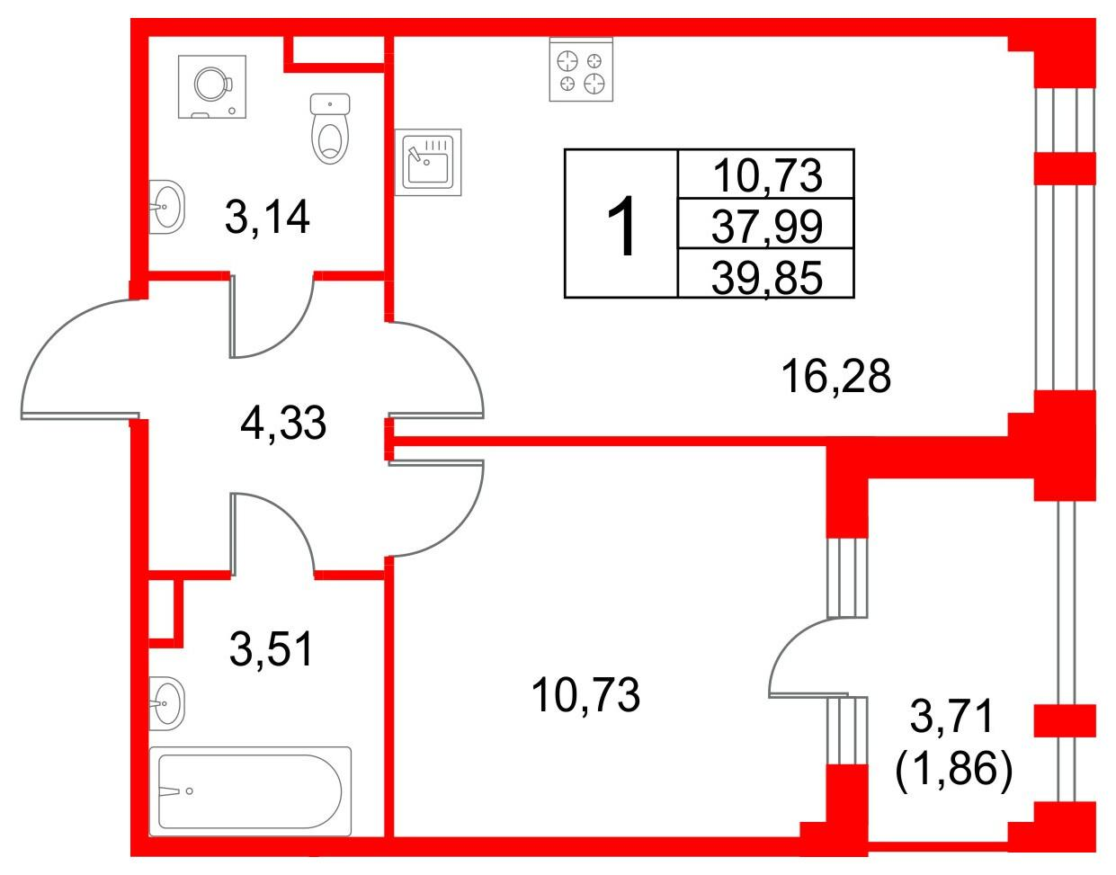 1-комнатная 42 м2 в ЖК Кронфорт. Центральный корпус null этаж 1