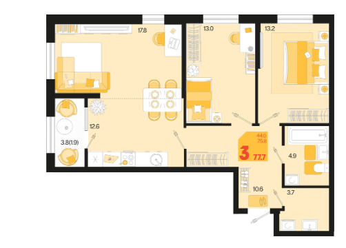 3-комнатная 77.7 м2 в ЖК undefined корпус null этаж 2