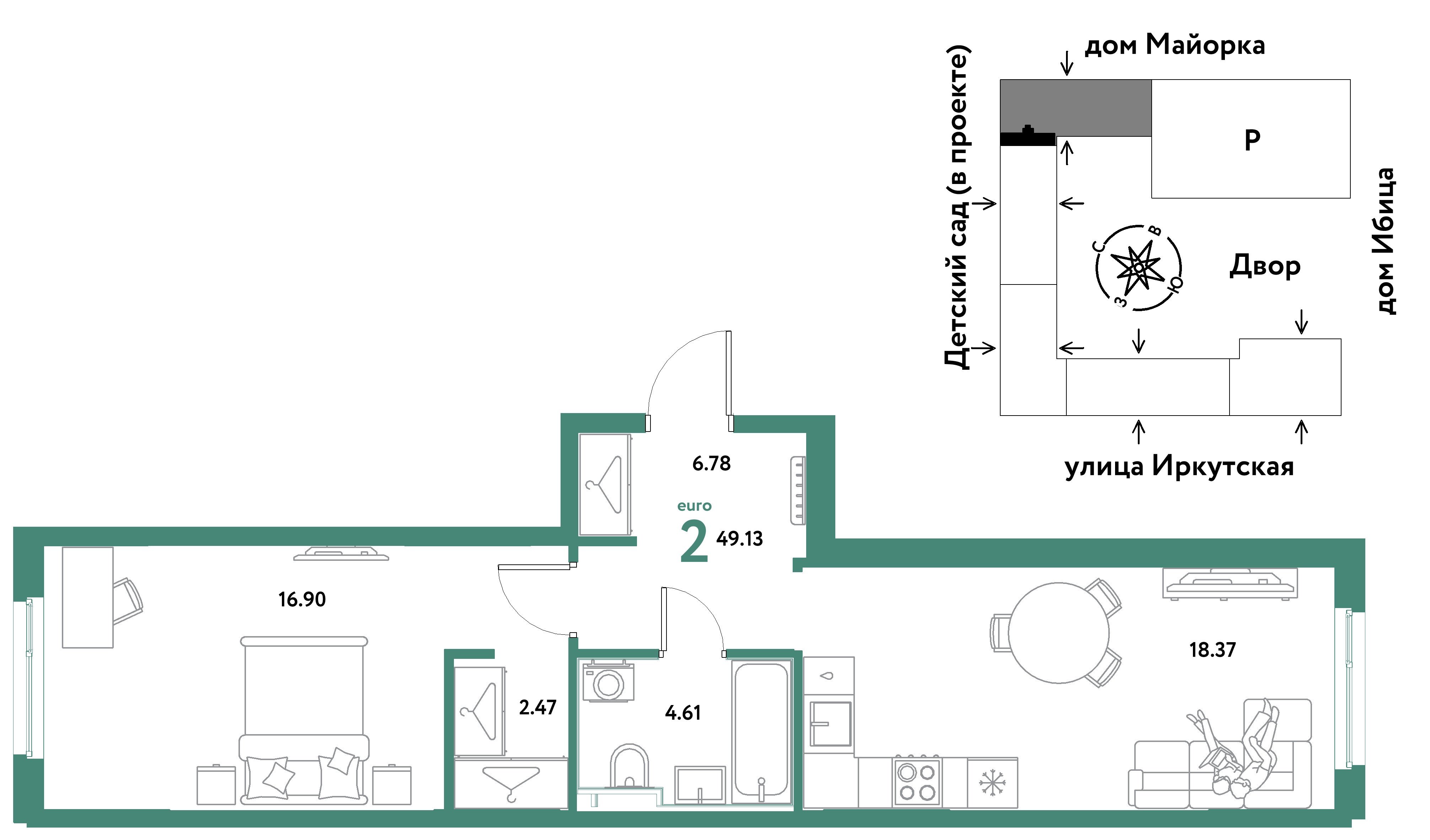 2-комнатная 49 м2 в ЖК Остров-сад корпус null этаж 17