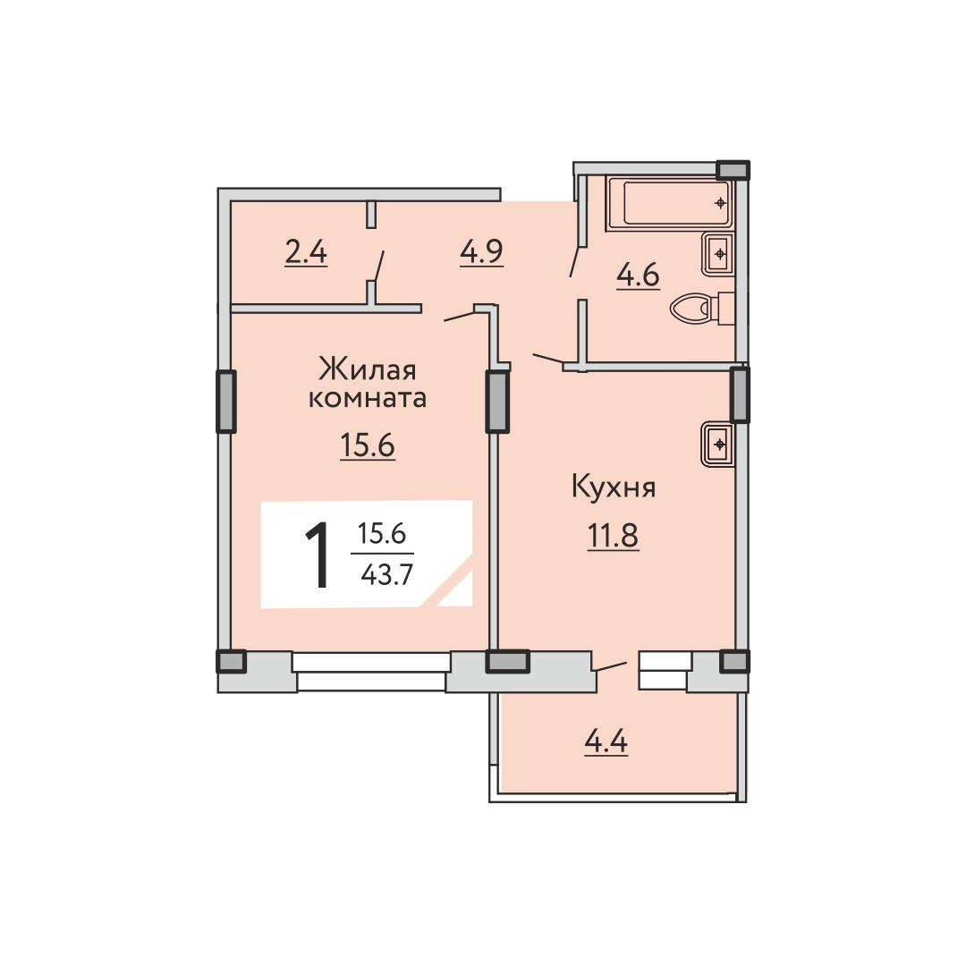1-комнатная 43 м2 в ЖК Агат корпус null этаж 2