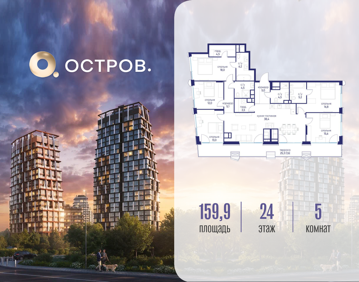 5-комнатная 159 м2 в ЖК Остров корпус null этаж 24