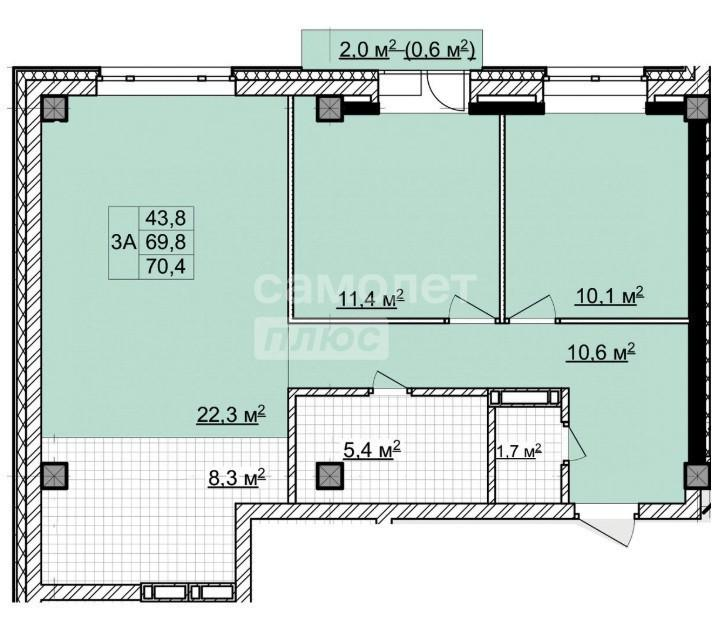 3-комнатная 69.8 м2 в ЖК undefined корпус null этаж 11