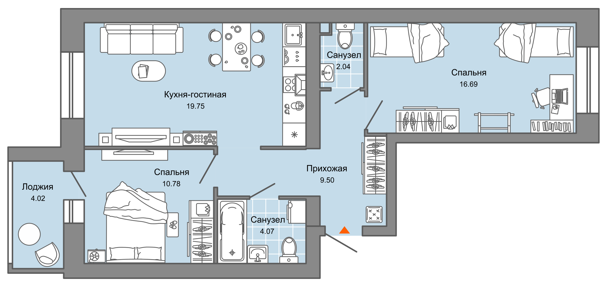 3-комнатная 65 м2 в ЖК CENTROPOLIS корпус null этаж 7