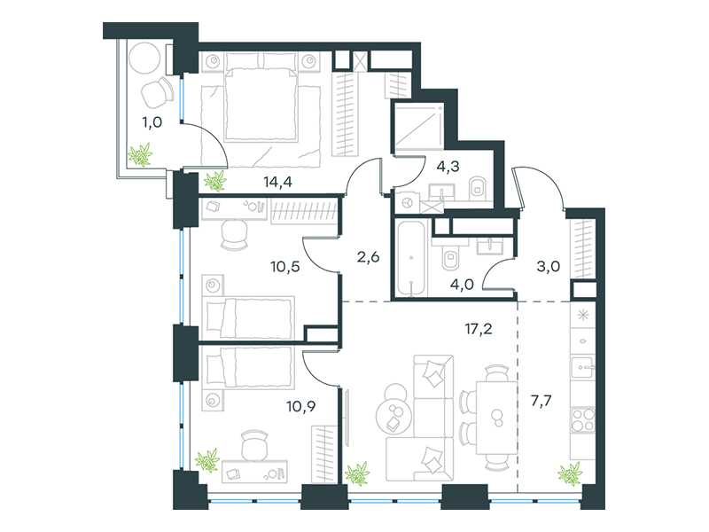 4-комнатная 75 м2 в ЖК Level Звенигородская корпус null этаж 19