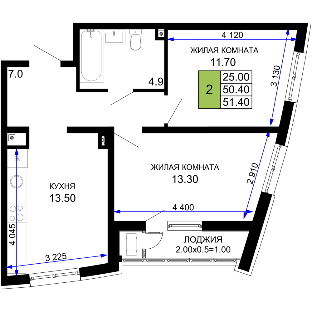 2-комнатная 51 м2 в ЖК Фонтаны корпус null этаж 2