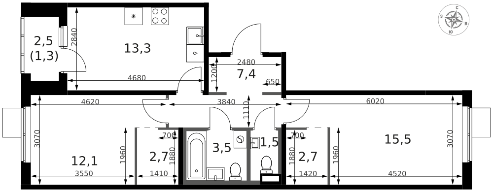 2-комнатная 60 м2 в ЖК 1-й Ясеневский корпус null этаж 10