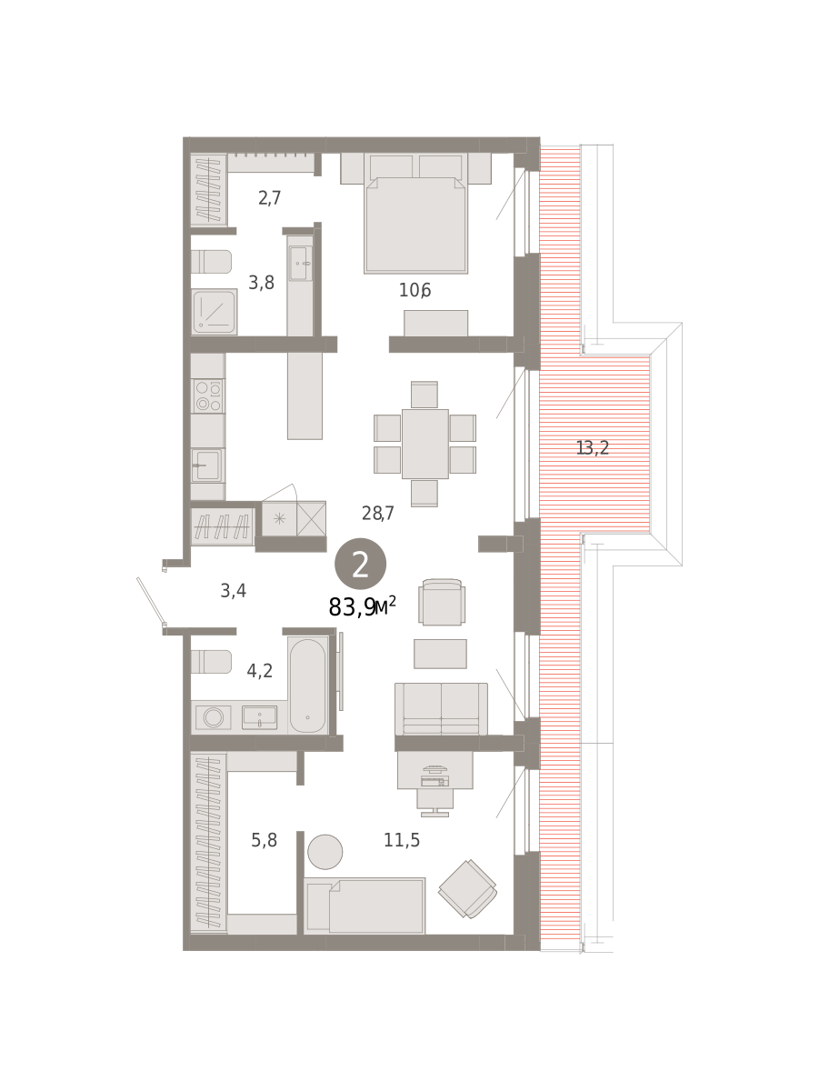 2-комнатная 83 м2 в ЖК Квартал Нефть корпус null этаж 9