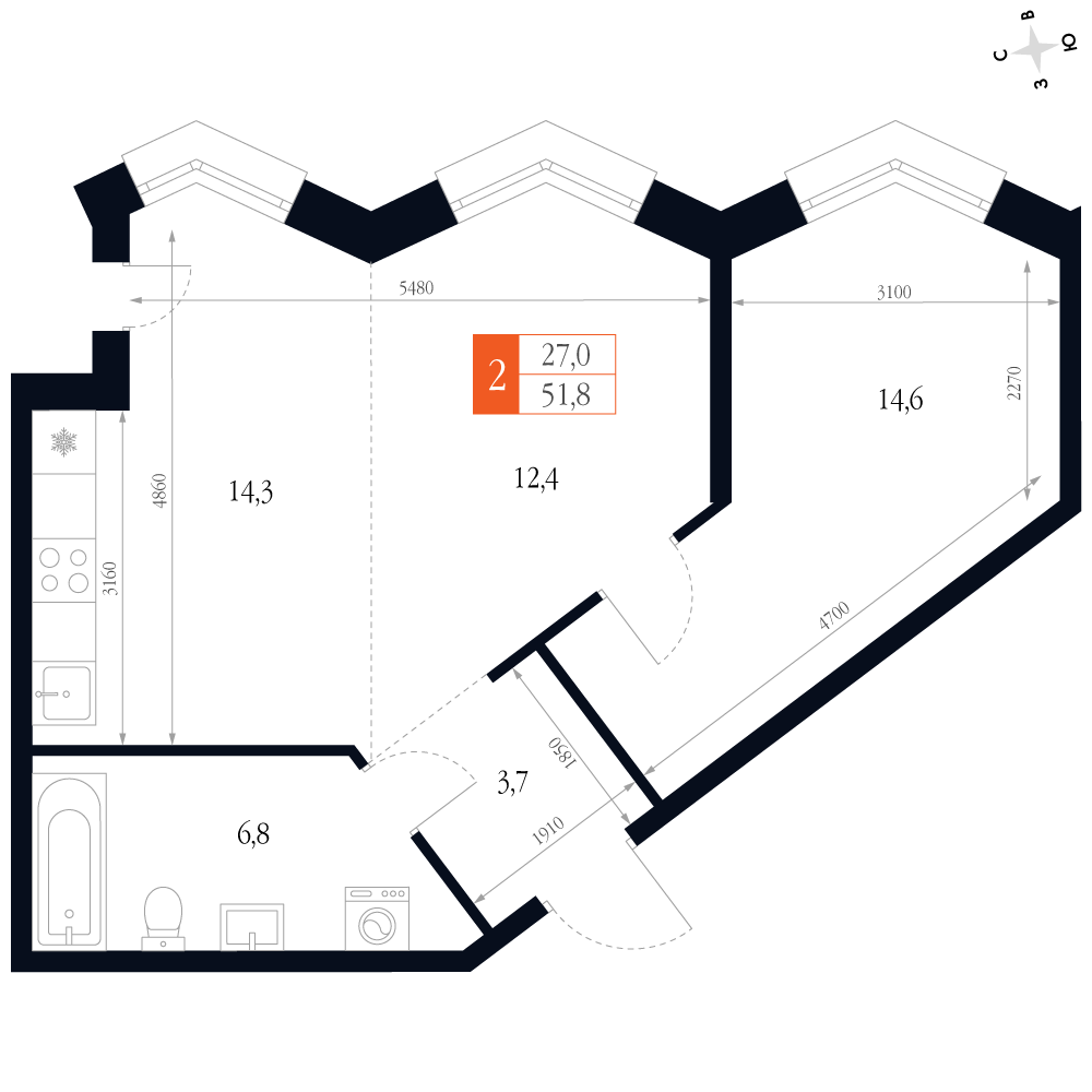 2-комнатная 51 м2 в ЖК Фордевинд корпус null этаж 11