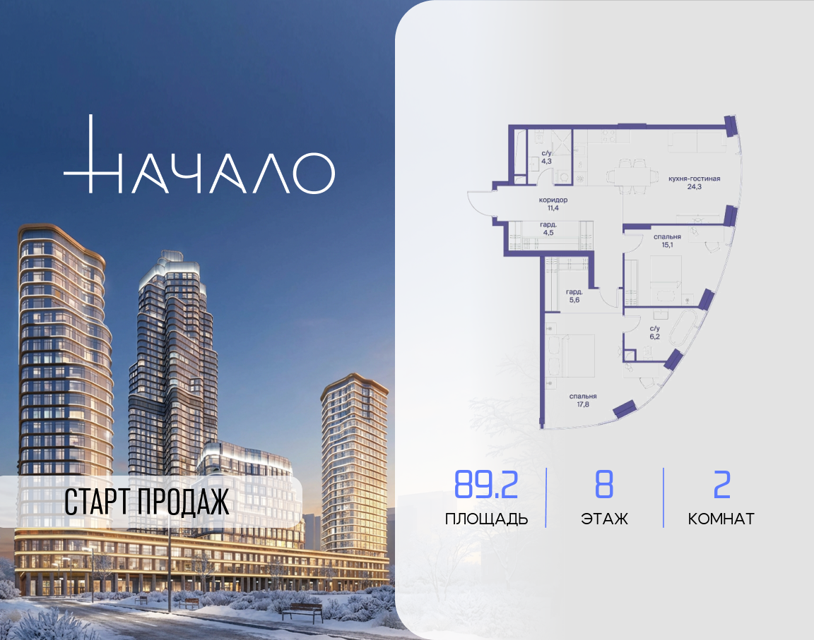 2-комнатная 89 м2 в ЖК Начало корпус null этаж 8