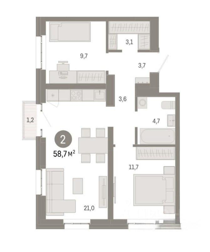 2-комнатная 58.7 м2 в ЖК undefined корпус null этаж 13