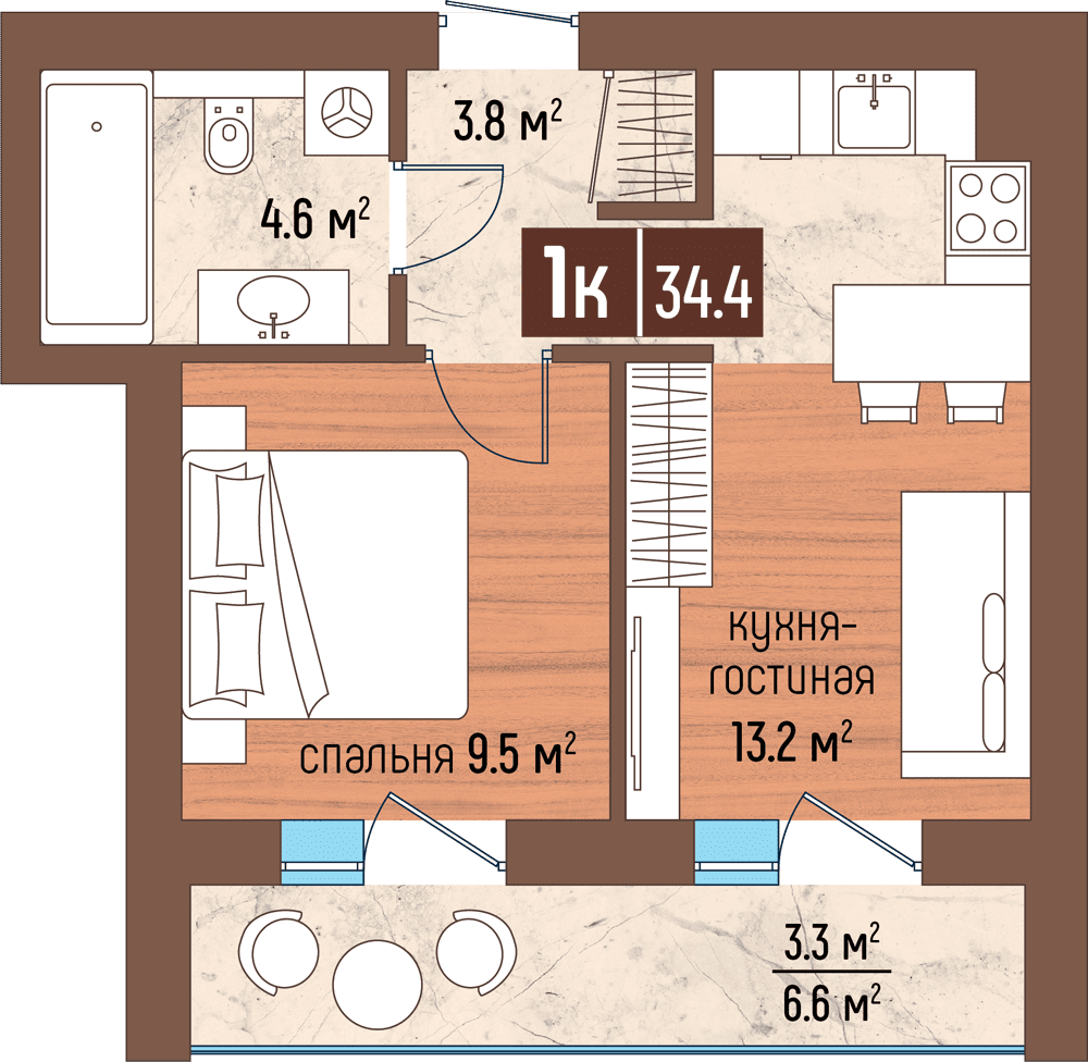 1-комнатная 34 м2 в ЖК Светлогорск-3 корпус null этаж 1