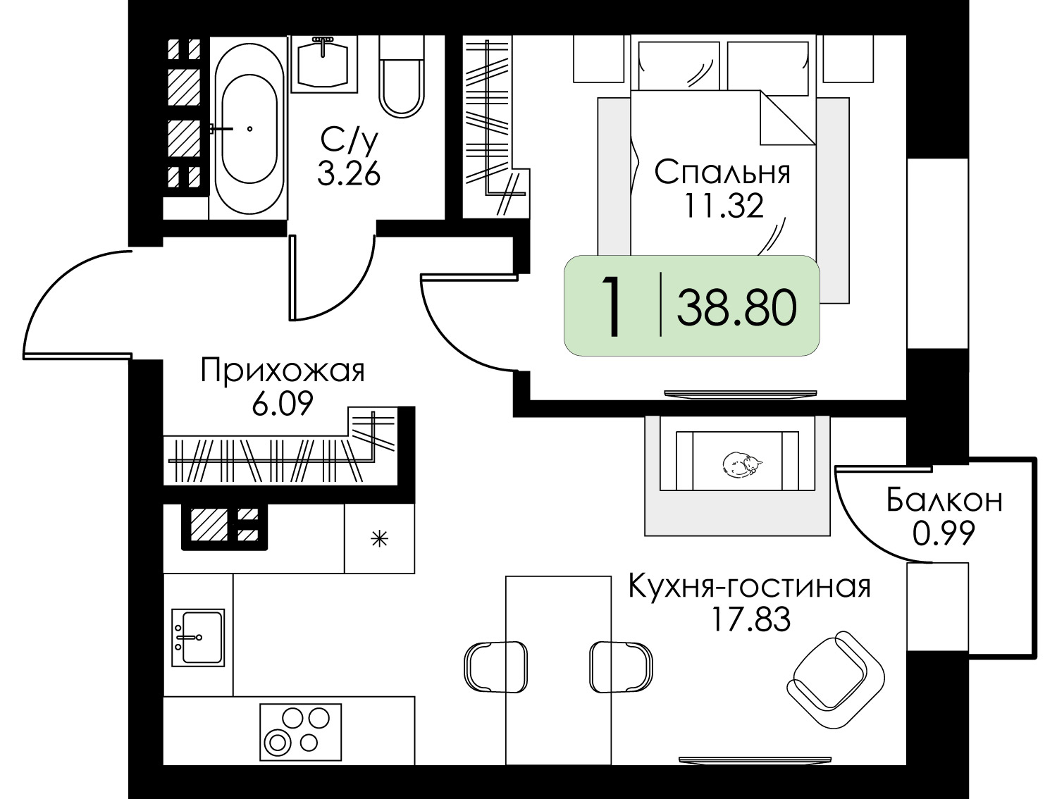 1-комнатная 38 м2 в ЖК Урбан Парк корпус null этаж 4