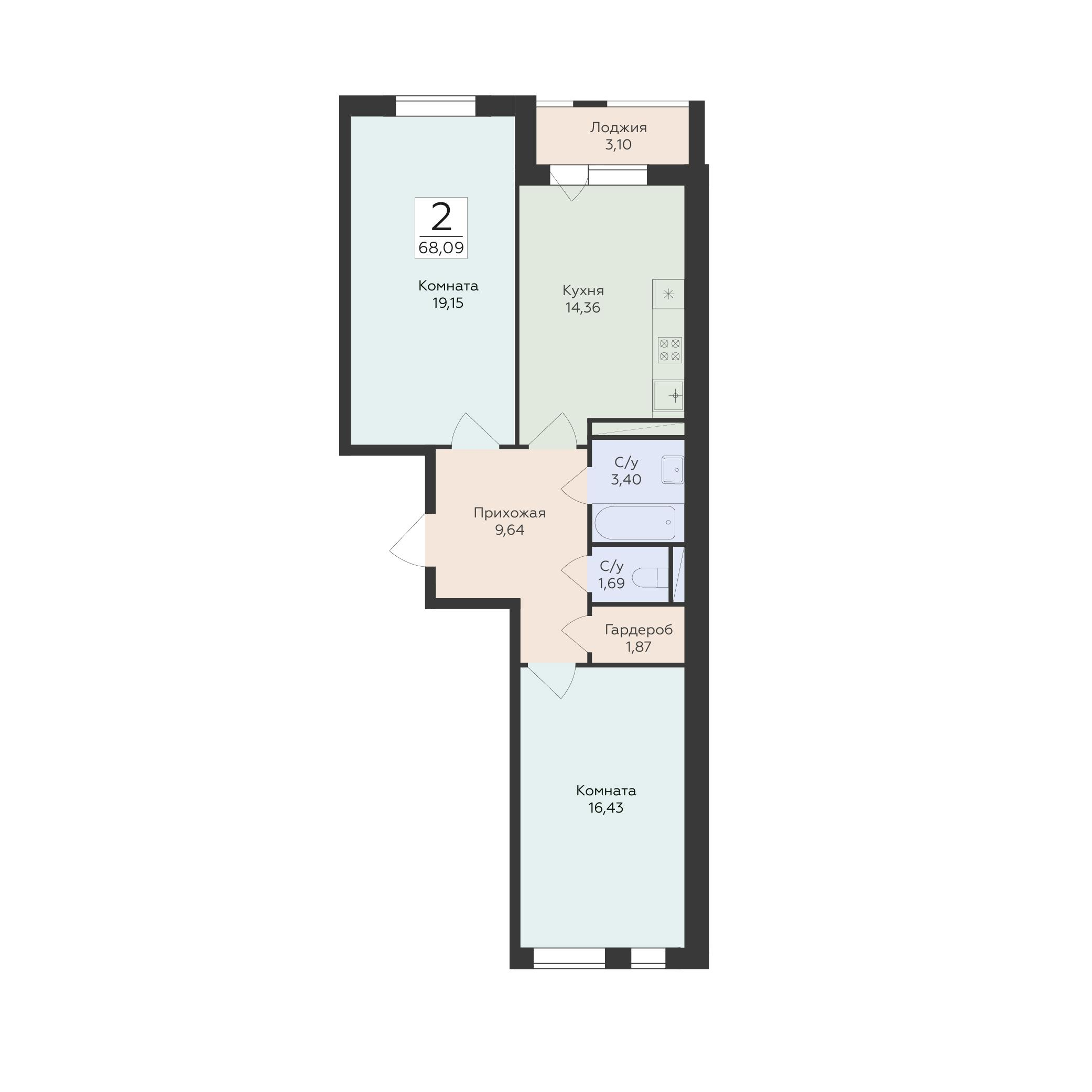 2-комнатная 68 м2 в ЖК Квартал 45 корпус null этаж 15