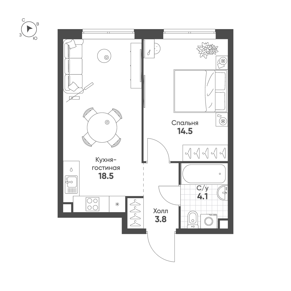 1-комнатная 40 м2 в ЖК Sokolinn Park корпус null этаж 14