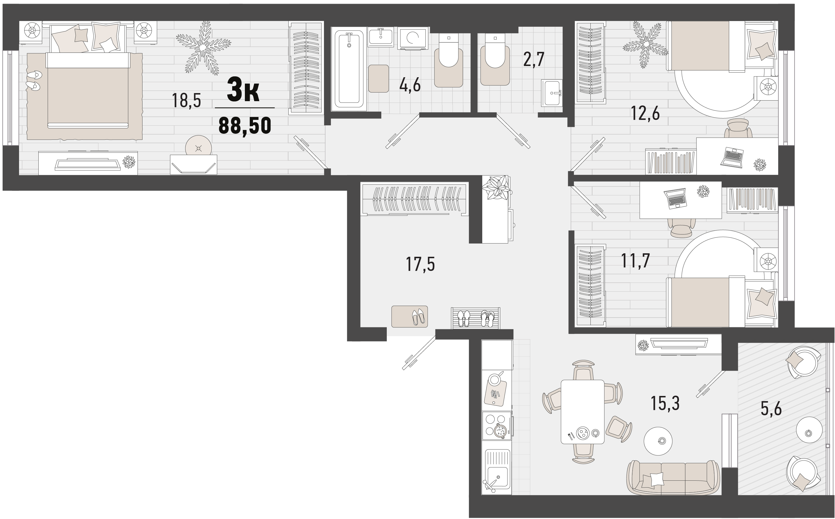 3-комнатная 88 м2 в ЖК Барса корпус null этаж 10