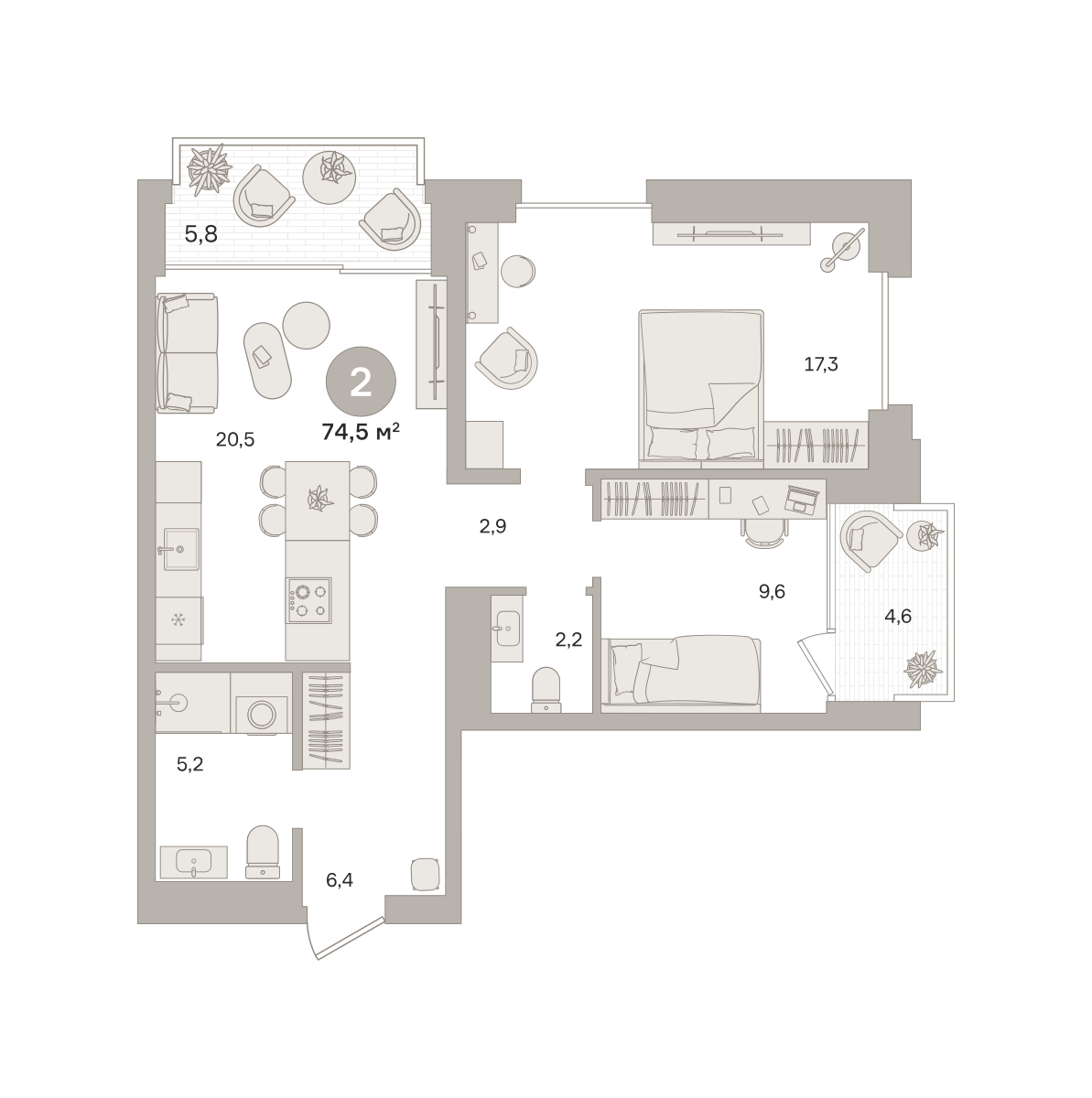 2-комнатная 74 м2 в ЖК Квартал МОНС корпус null этаж 18