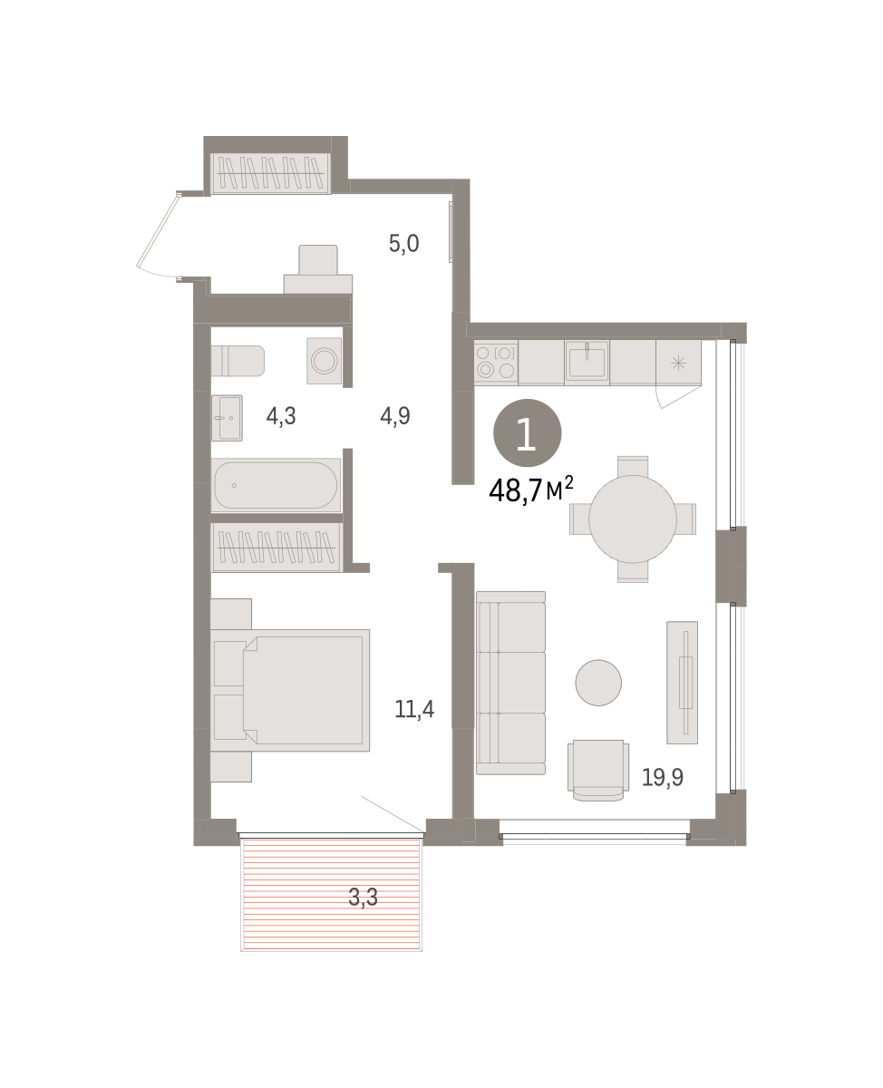 1-комнатная 48 м2 в ЖК Речной порт корпус null этаж 3