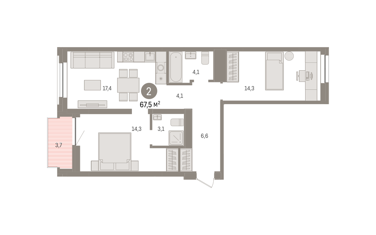 2-комнатная 67 м2 в ЖК Речной порт корпус null этаж 5