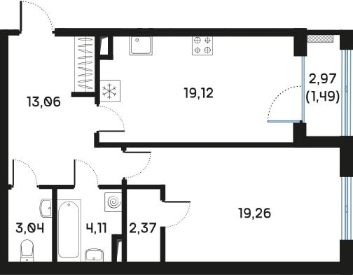 1-комнатная 62 м2 в ЖК Регенбоген корпус null этаж 4