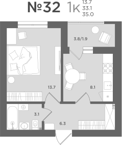 1-комнатная 33 м2 в ЖК МС18 корпус null этаж 5