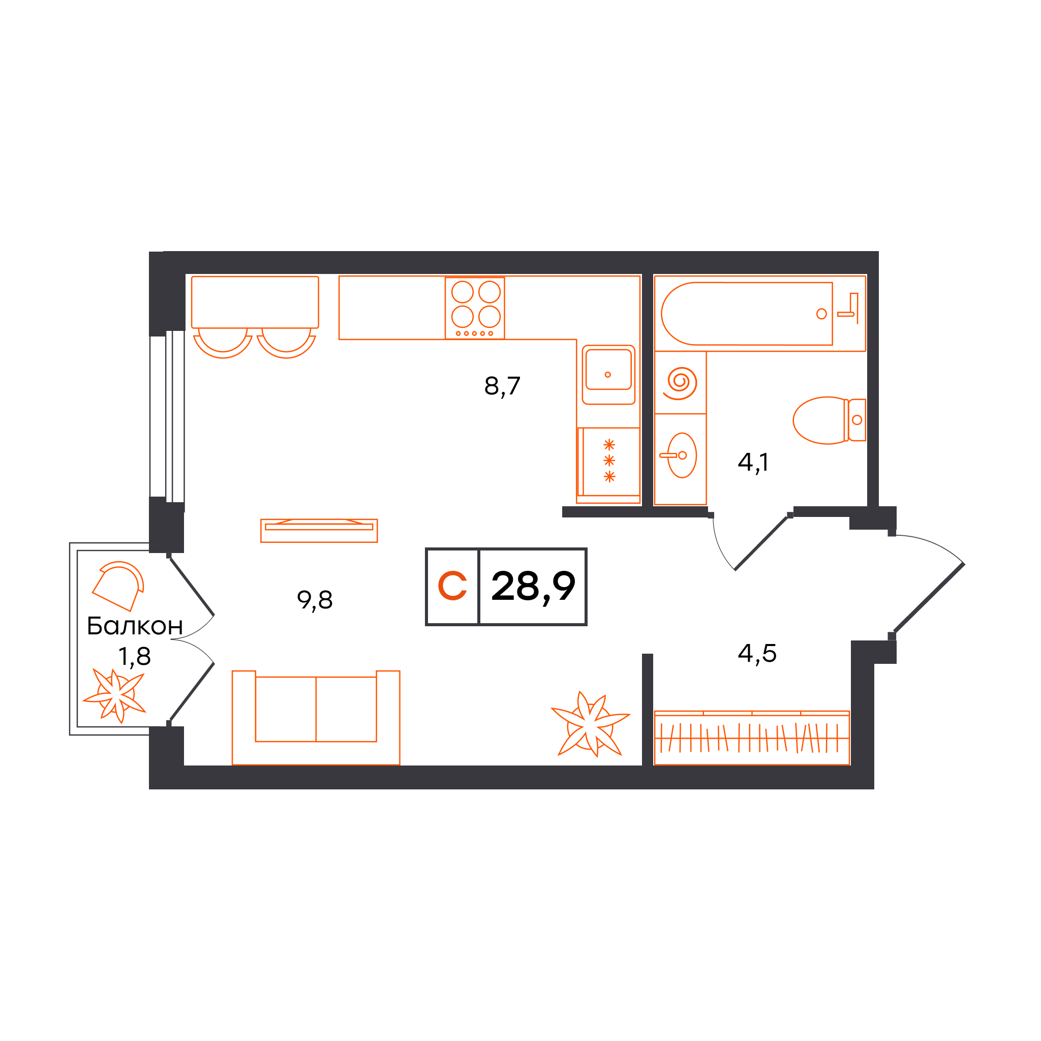 Студия 28 м2 в ЖК Отличие корпус null этаж 3