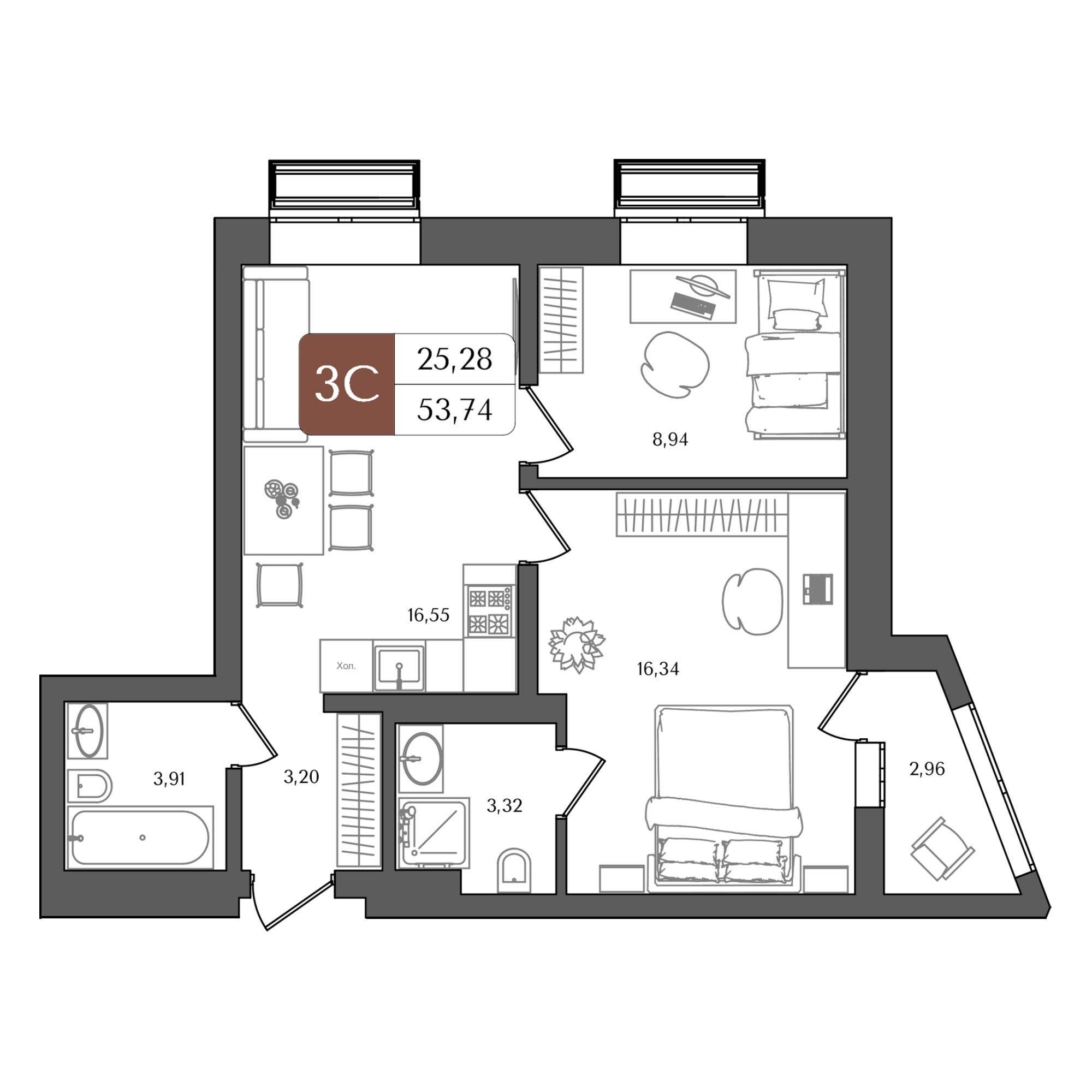 3-комнатная 53 м2 в ЖК Холмогоры корпус null этаж 4