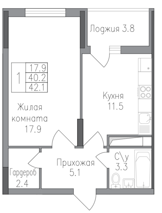 1-комнатная 42.1 м2 в ЖК undefined корпус null этаж 14