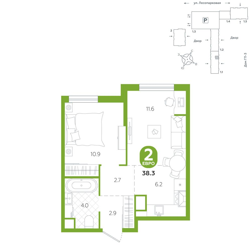 Студия 38 м2 в ЖК Чистые пруды корпус null этаж 2