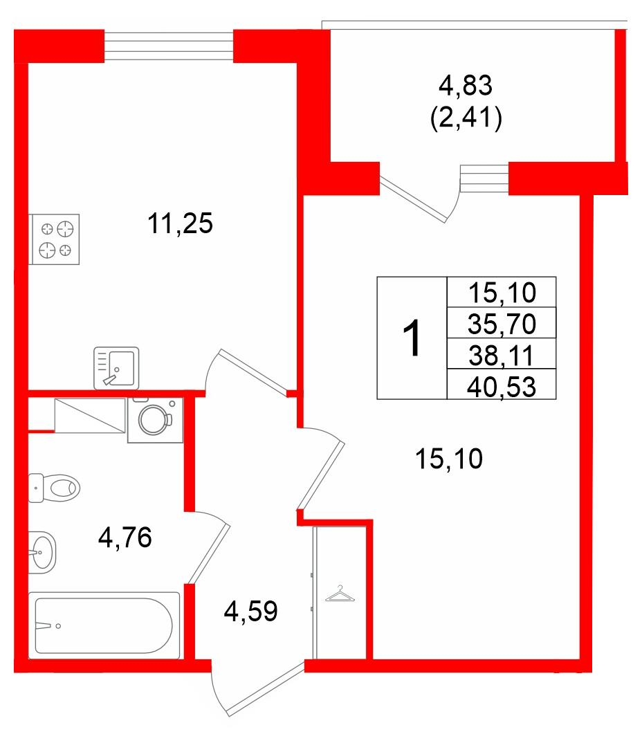1-комнатная 38 м2 в ЖК IQ Гатчина корпус null этаж 6