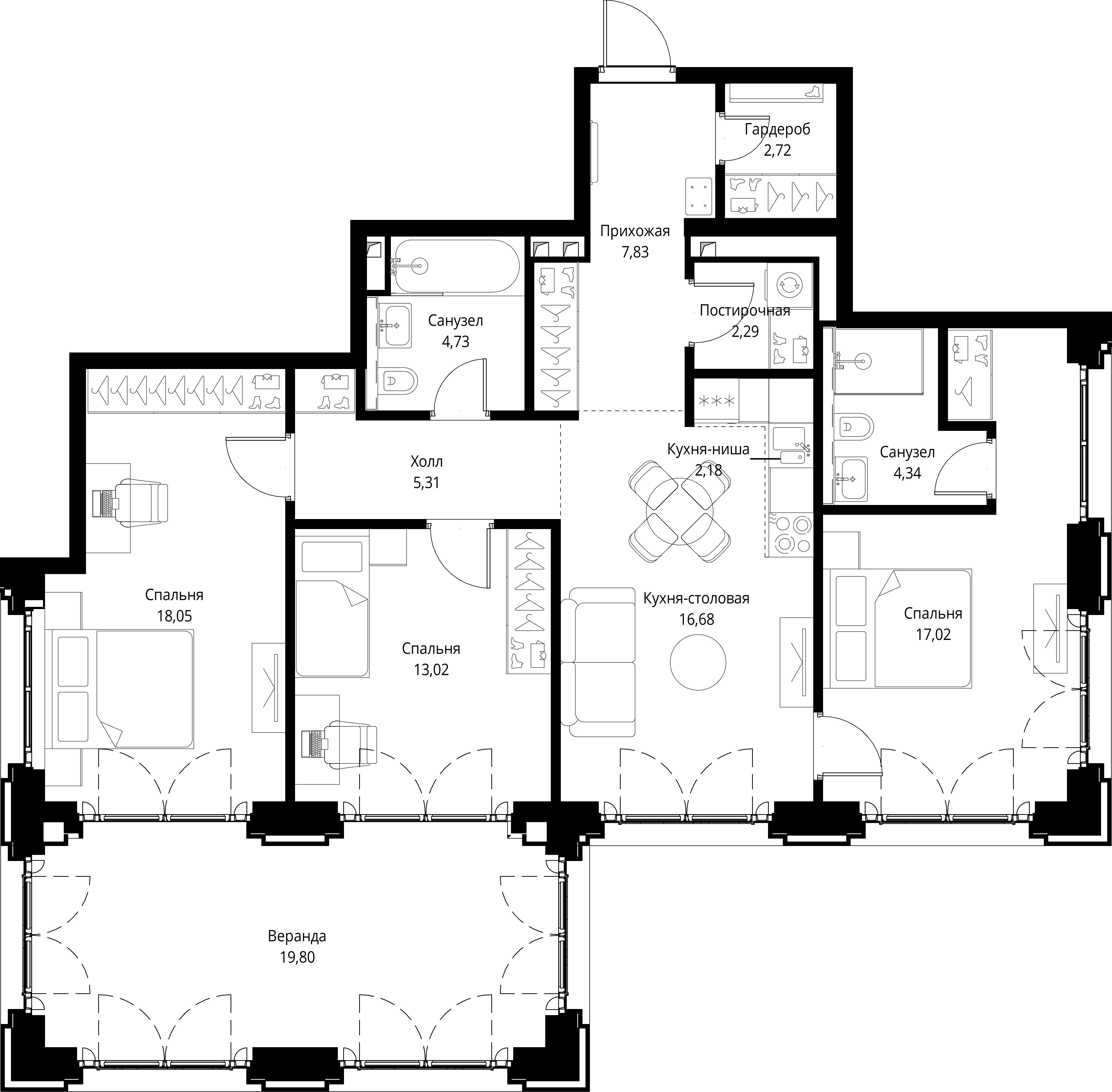 3-комнатная 113 м2 в ЖК CITY BAY корпус null этаж 10