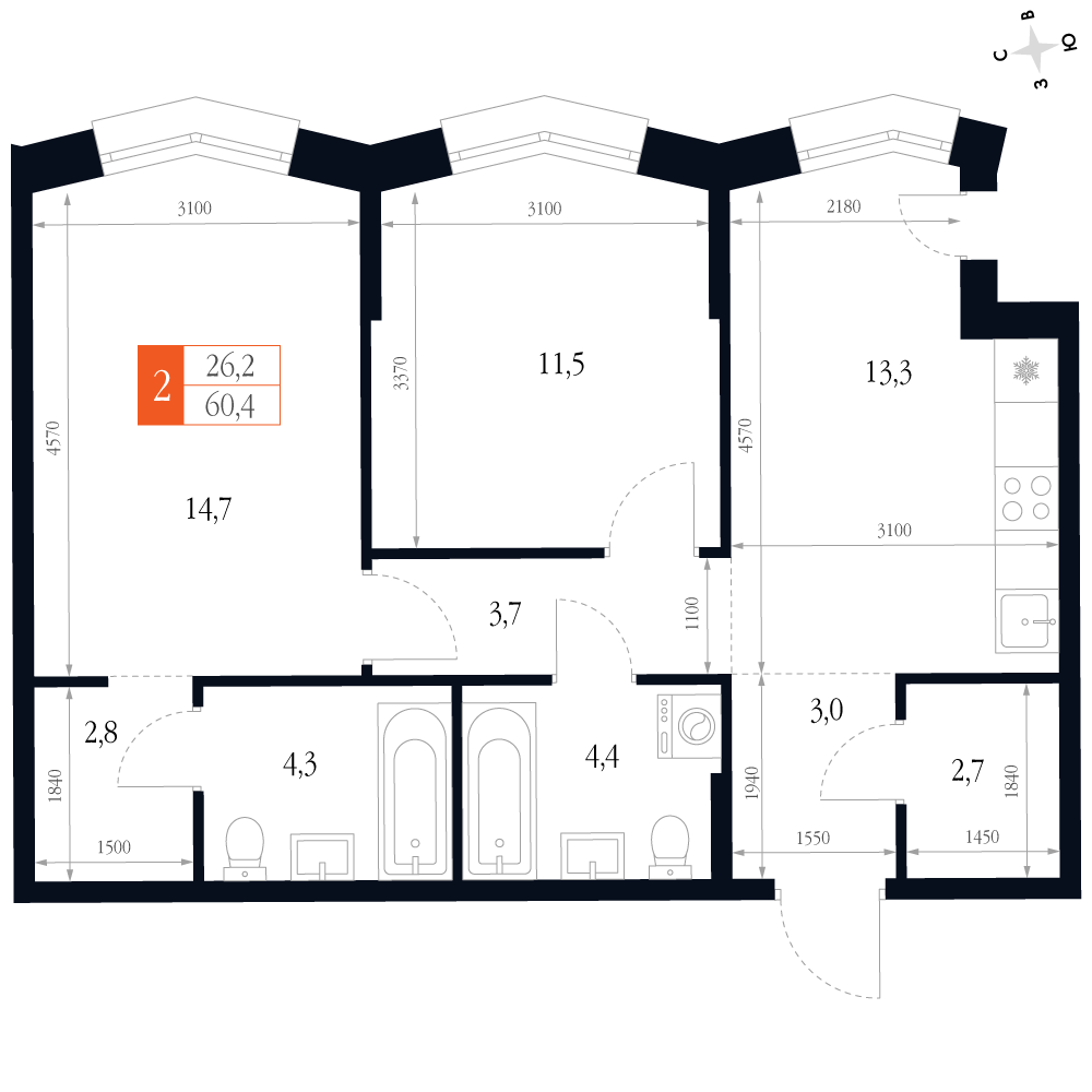 2-комнатная 60 м2 в ЖК Фордевинд корпус null этаж 5