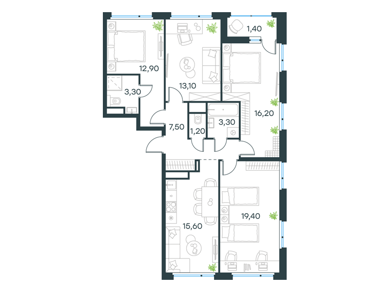 4-комнатная 93 м2 в ЖК Level Лесной корпус null этаж 2