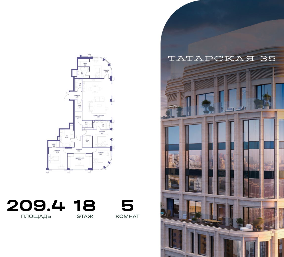 5-комнатная 209 м2 в ЖК Татарская 35 корпус null этаж 18