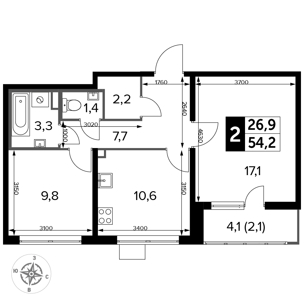 2-комнатная 54 м2 в ЖК 1-й Лермонтовский корпус null этаж 11