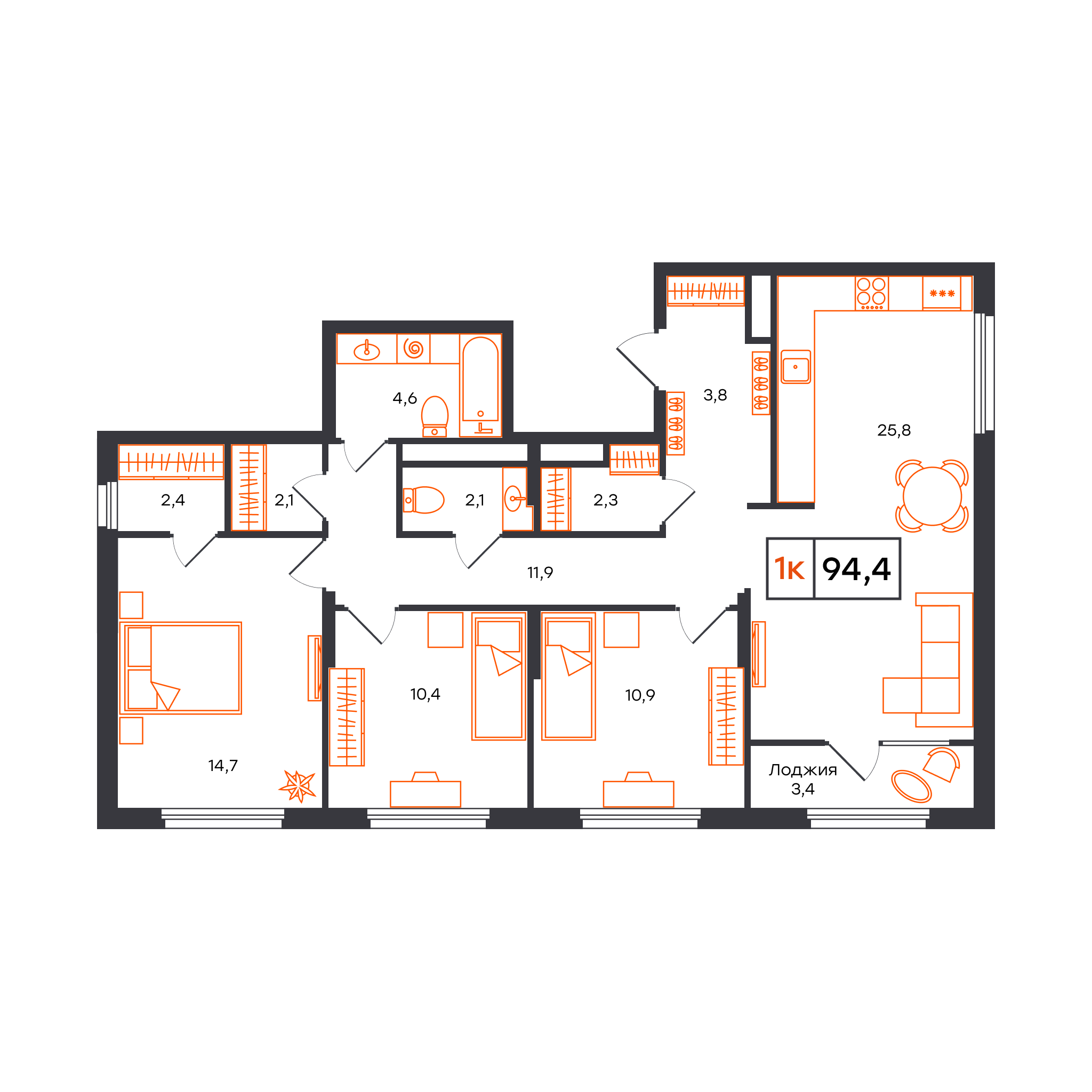3-комнатная 94 м2 в ЖК Отличие корпус null этаж 11