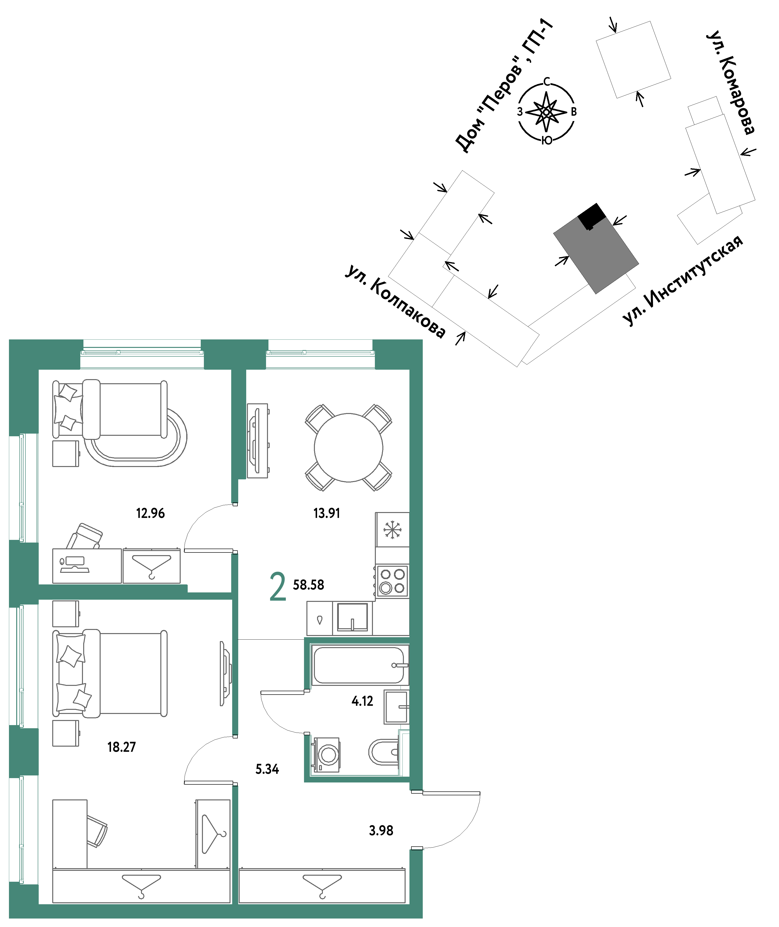 2-комнатная 58 м2 в ЖК Страна.Парковая корпус null этаж 14