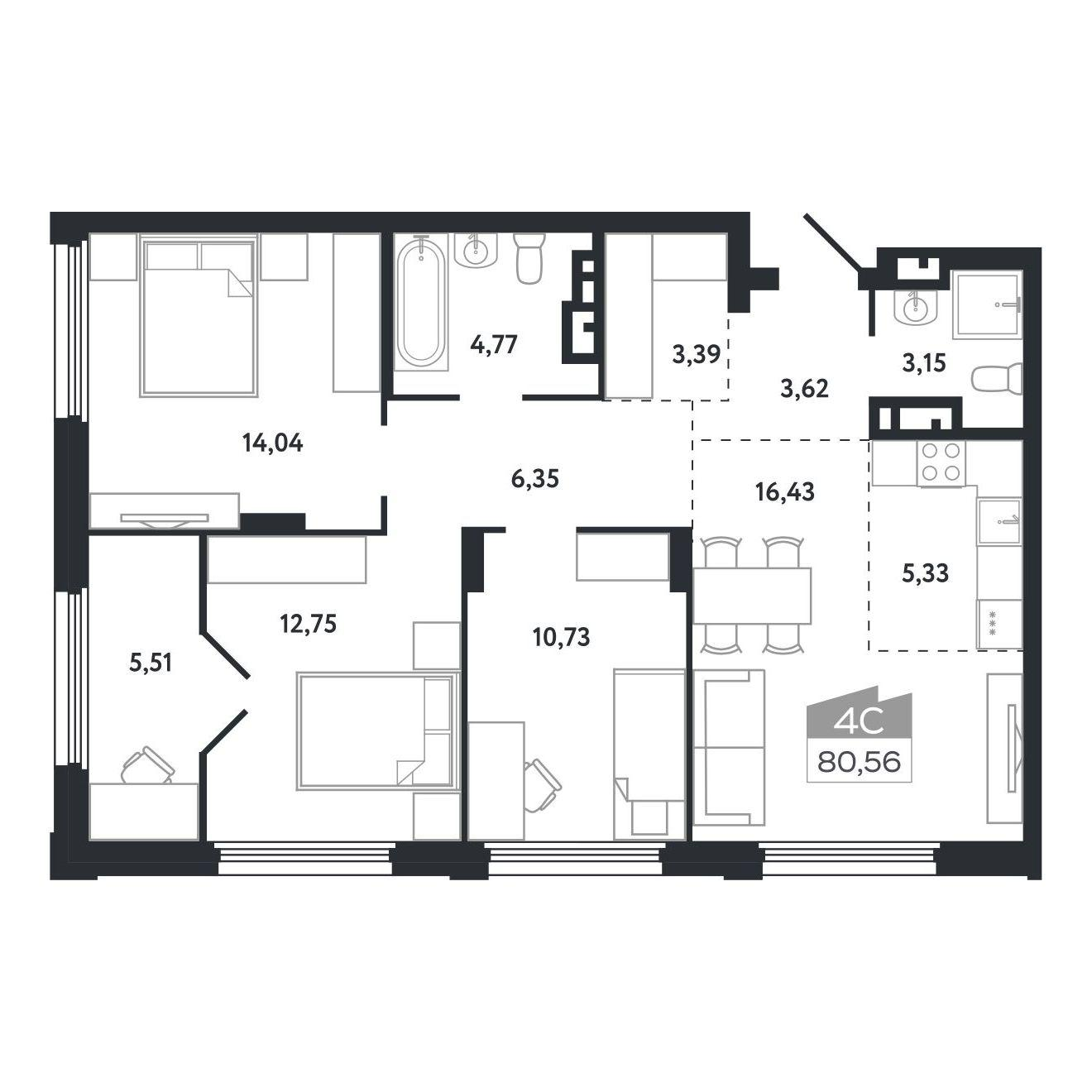 4-комнатная 80 м2 в ЖК Квартал 1604 корпус null этаж 10